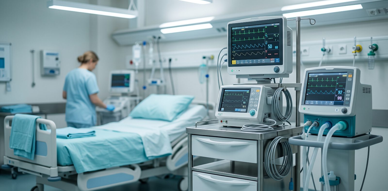Equipamentos hospitalares monitorando paciente em UTI